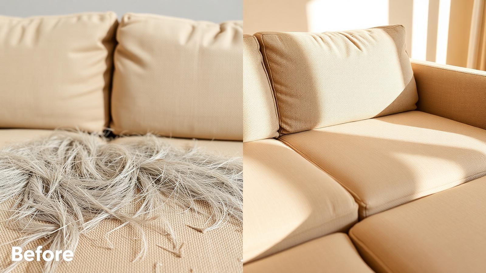 Before and after: couch covered in pet hair, then perfectly clean